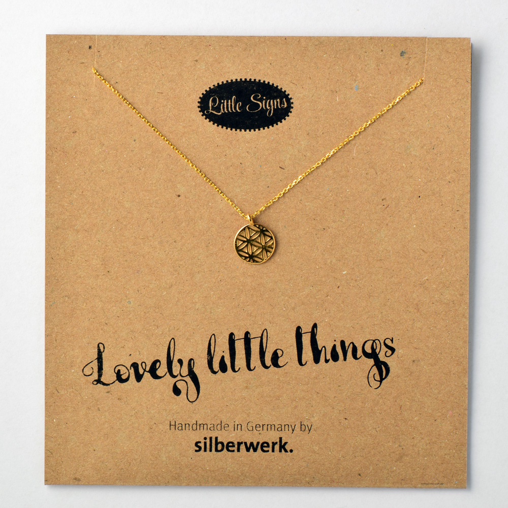 Mini Anhänger Blume des Lebens, 9 mm an Silberkette, goldplattiert