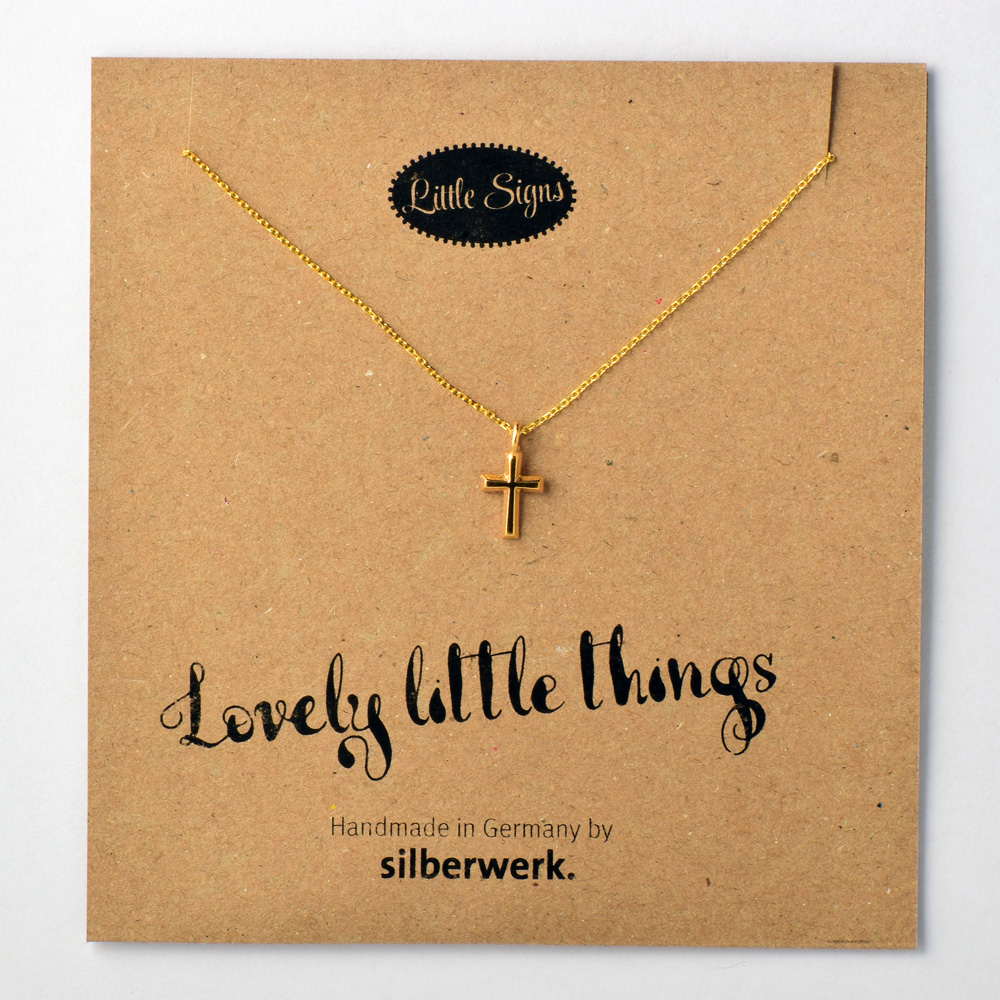 Mini Anhänger Kreuz, 8x12 mm an Silberkette, goldplattiert